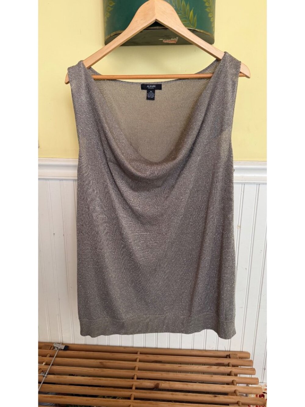 Alfani Women’s Metallic Silver Sleeveless Cowl Neck Top 3X 71% Silk Blend